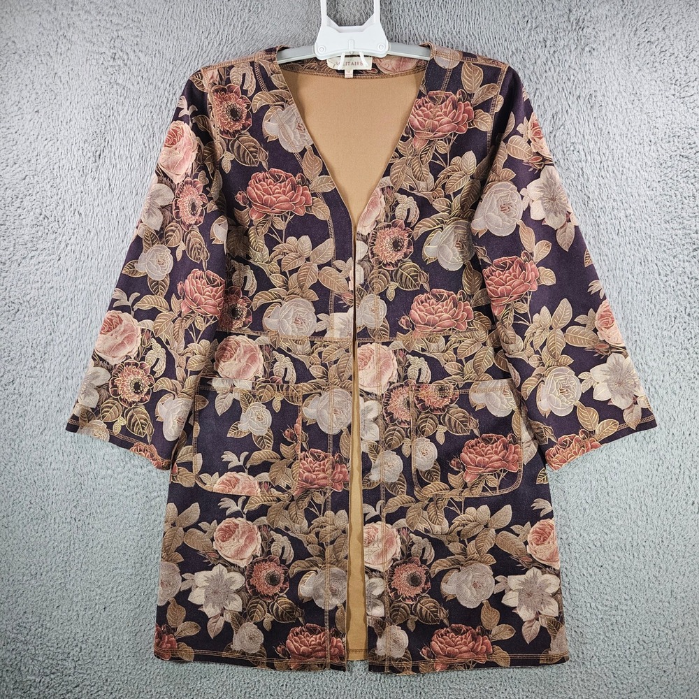 Solitaire Floral‎ Metallic Open Front Cardigan Jacket Purple Gold Women Medium